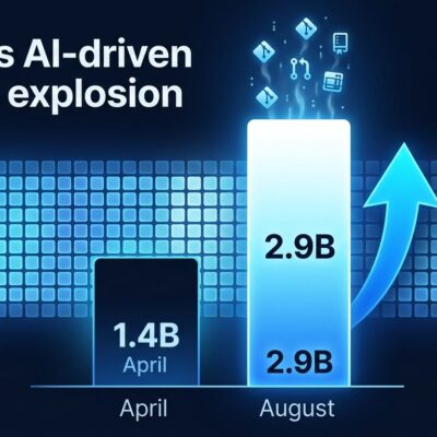 Data visualization showing GitHub monthly commits doubling from 1.4 billion to 2.9 billion in four months driven by AI coding agents