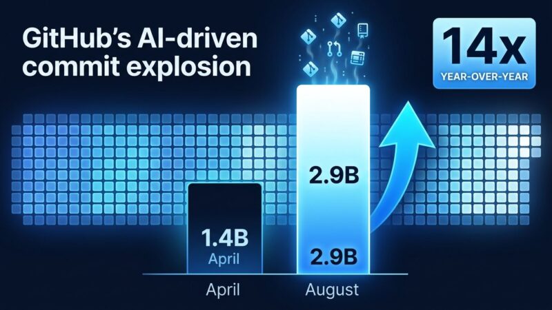 Data visualization showing GitHub monthly commits doubling from 1.4 billion to 2.9 billion in four months driven by AI coding agents
