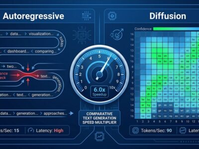 Split-panel data visualization comparing autoregressive sequential token generation versus DiffusionGemma parallel 256-token block generation with 6x speed multiplier