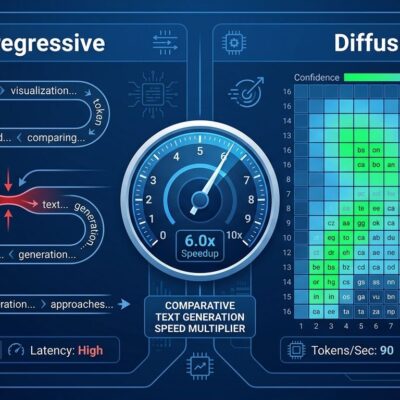 Split-panel data visualization comparing autoregressive sequential token generation versus DiffusionGemma parallel 256-token block generation with 6x speed multiplier