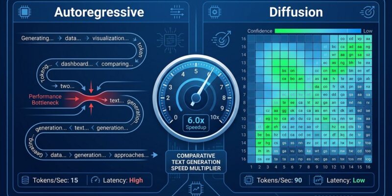Split-panel data visualization comparing autoregressive sequential token generation versus DiffusionGemma parallel 256-token block generation with 6x speed multiplier