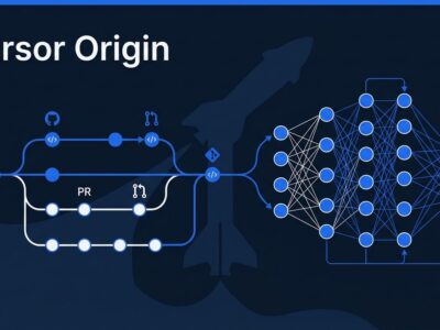 Cursor Origin git hosting platform with AI agent workflow diagram showing git branches and SpaceX connection