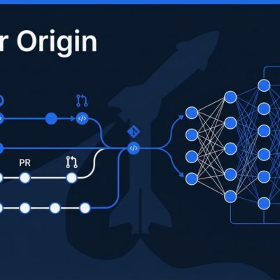 Cursor Origin git hosting platform with AI agent workflow diagram showing git branches and SpaceX connection