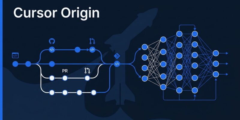 Cursor Origin git hosting platform with AI agent workflow diagram showing git branches and SpaceX connection