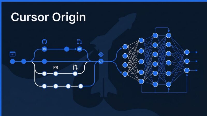 Cursor Origin git hosting platform with AI agent workflow diagram showing git branches and SpaceX connection