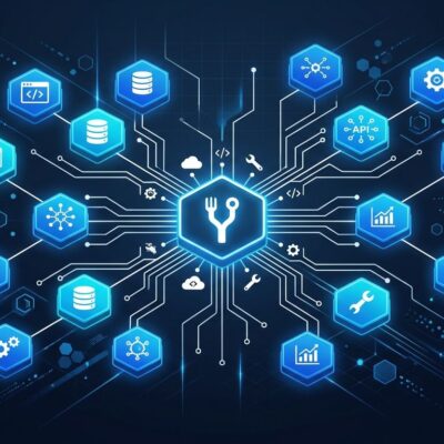 Abstract visualization of DeepSeek Harness plugin architecture with interconnected blue hexagonal modules on dark background
