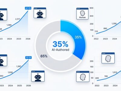 Data visualization chart showing 35 percent of new web pages are AI-authored since ChatGPT launch, with bot traffic exceeding human traffic in 2026