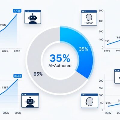 Data visualization chart showing 35 percent of new web pages are AI-authored since ChatGPT launch, with bot traffic exceeding human traffic in 2026
