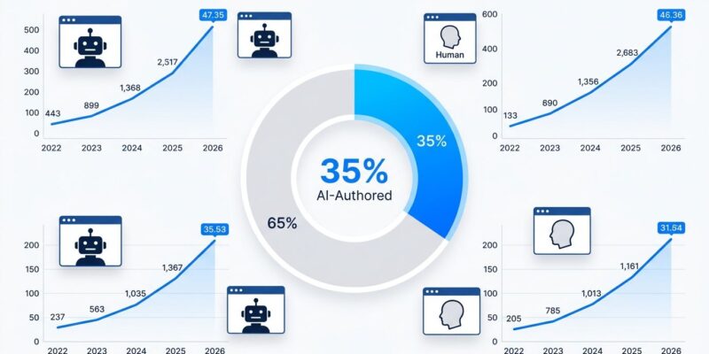 Data visualization chart showing 35 percent of new web pages are AI-authored since ChatGPT launch, with bot traffic exceeding human traffic in 2026