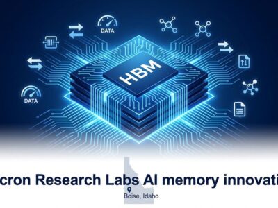 Stylized HBM memory chip with circuit patterns representing Micron Research Labs AI memory initiative