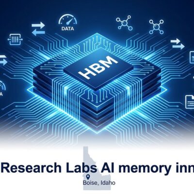 Stylized HBM memory chip with circuit patterns representing Micron Research Labs AI memory initiative