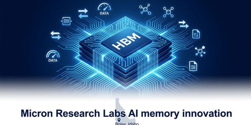 Stylized HBM memory chip with circuit patterns representing Micron Research Labs AI memory initiative