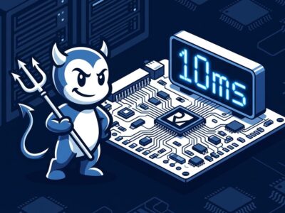NetBSD 11.0 BSD daemon with RISC-V circuit board and 10ms boot timer display