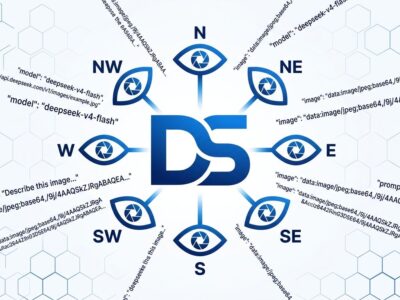 DeepSeek V4-Flash-Vision-Exp conceptual design showing the model logo with surrounding vision eye symbols and code fragments, representing multimodal AI agent capabilities