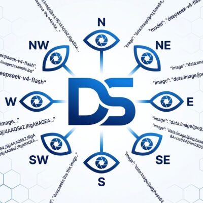 DeepSeek V4-Flash-Vision-Exp conceptual design showing the model logo with surrounding vision eye symbols and code fragments, representing multimodal AI agent capabilities