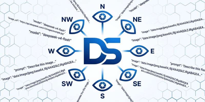 DeepSeek V4-Flash-Vision-Exp conceptual design showing the model logo with surrounding vision eye symbols and code fragments, representing multimodal AI agent capabilities