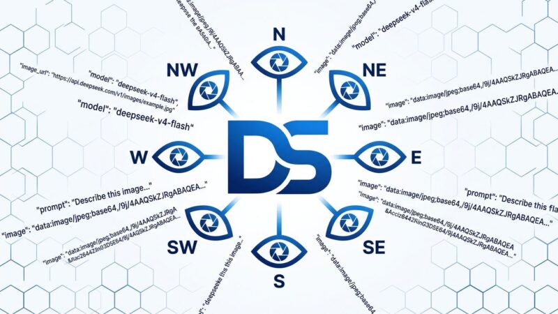 DeepSeek V4-Flash-Vision-Exp conceptual design showing the model logo with surrounding vision eye symbols and code fragments, representing multimodal AI agent capabilities