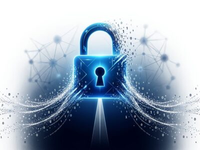 Blue padlock dissolving into data particles representing OpenAI zero data retention for API developers