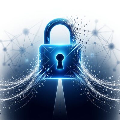 Blue padlock dissolving into data particles representing OpenAI zero data retention for API developers