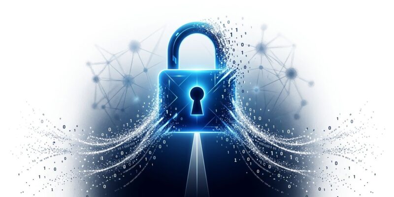 Blue padlock dissolving into data particles representing OpenAI zero data retention for API developers
