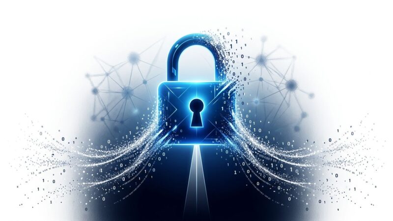 Blue padlock dissolving into data particles representing OpenAI zero data retention for API developers