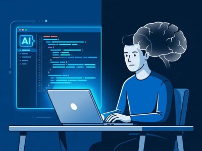 Developer at laptop with split visual showing AI autocomplete on one side and fading cognitive skills on the other, illustrating the skill atrophy risk of AI coding tools