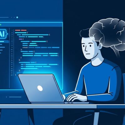 Developer at laptop with split visual showing AI autocomplete on one side and fading cognitive skills on the other, illustrating the skill atrophy risk of AI coding tools