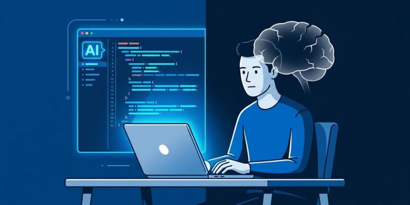 Developer at laptop with split visual showing AI autocomplete on one side and fading cognitive skills on the other, illustrating the skill atrophy risk of AI coding tools