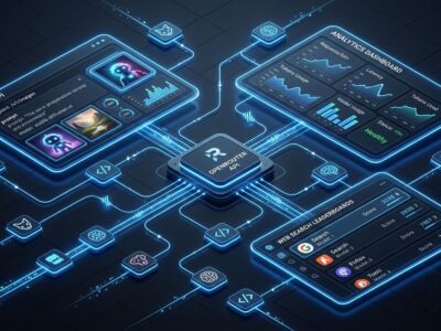 OpenRouter unified Image API dashboard with analytics and web search leaderboard features on dark tech background with blue accents
