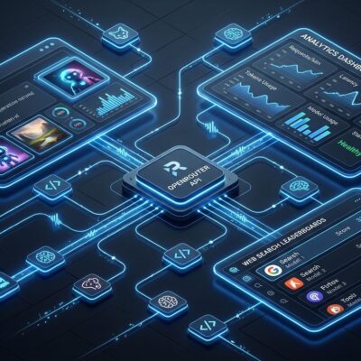 OpenRouter unified Image API dashboard with analytics and web search leaderboard features on dark tech background with blue accents