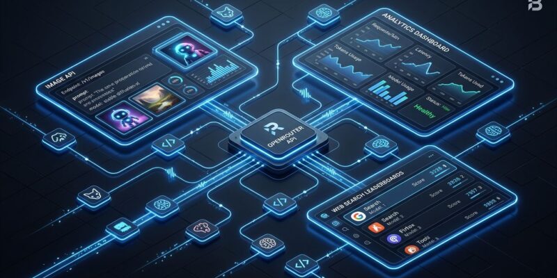 OpenRouter unified Image API dashboard with analytics and web search leaderboard features on dark tech background with blue accents