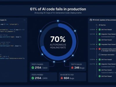 Data visualization dashboard showing automated AI code testing metrics with Playwright test results and CI pipeline integration