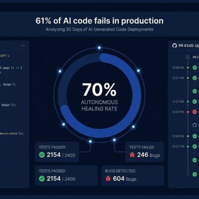 Data visualization dashboard showing automated AI code testing metrics with Playwright test results and CI pipeline integration