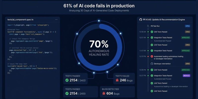 Data visualization dashboard showing automated AI code testing metrics with Playwright test results and CI pipeline integration