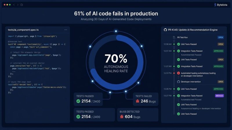 Data visualization dashboard showing automated AI code testing metrics with Playwright test results and CI pipeline integration