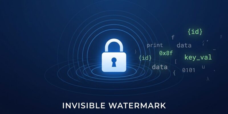 Illustration of invisible statistical watermarks in Claude API text responses showing token-level bias and cryptographic attribution