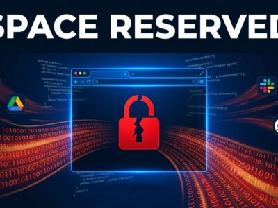 Dark cybersecurity illustration showing an AI browser window being silently hijacked with data streams flowing to an external attacker, representing the PleaseFix zero-click vulnerability