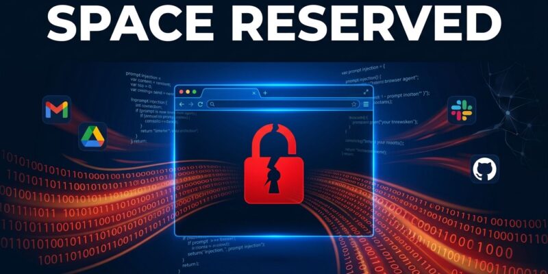 Dark cybersecurity illustration showing an AI browser window being silently hijacked with data streams flowing to an external attacker, representing the PleaseFix zero-click vulnerability