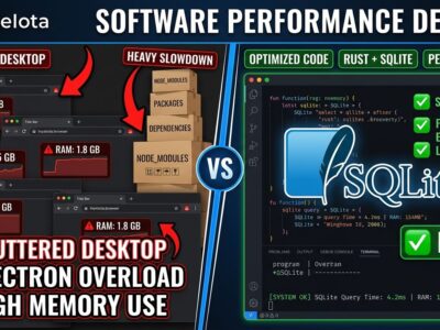 Split-screen illustration showing bloated Electron apps on the left versus minimal Rust and SQLite performance-first tools on the right