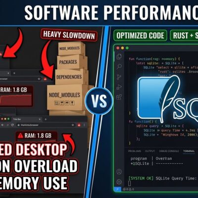Split-screen illustration showing bloated Electron apps on the left versus minimal Rust and SQLite performance-first tools on the right