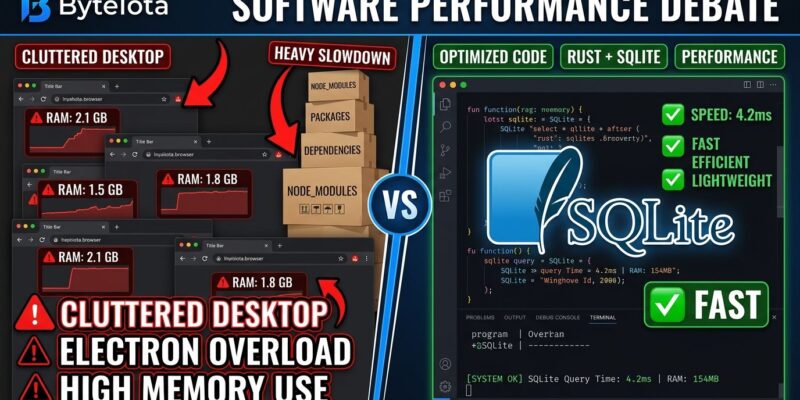 Split-screen illustration showing bloated Electron apps on the left versus minimal Rust and SQLite performance-first tools on the right