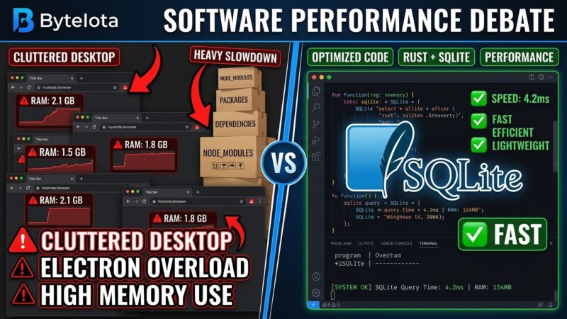 Split-screen illustration showing bloated Electron apps on the left versus minimal Rust and SQLite performance-first tools on the right