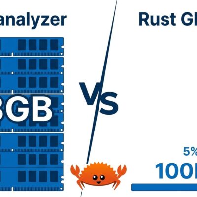 Split-screen comparison showing rust-analyzer using 13GB RAM versus Rust Glancer using under 100MB RAM
