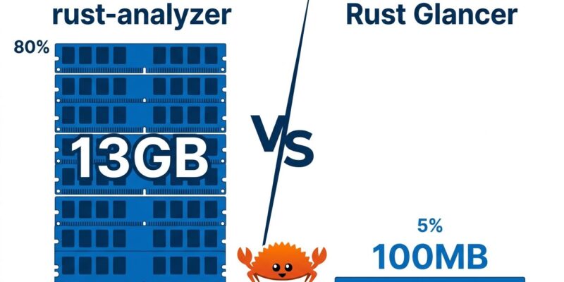 Split-screen comparison showing rust-analyzer using 13GB RAM versus Rust Glancer using under 100MB RAM