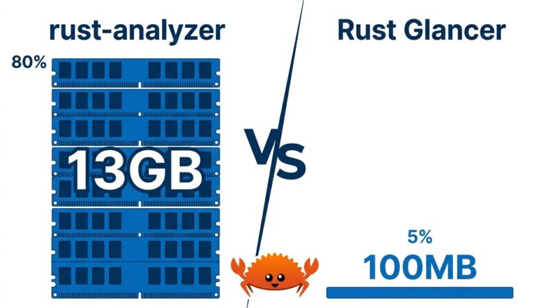 Split-screen comparison showing rust-analyzer using 13GB RAM versus Rust Glancer using under 100MB RAM