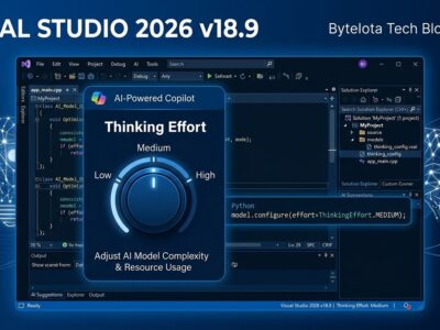 Visual Studio 2026 v18.9 IDE interface showing Copilot thinking effort dial with Low, Medium, and High settings