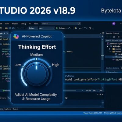 Visual Studio 2026 v18.9 IDE interface showing Copilot thinking effort dial with Low, Medium, and High settings