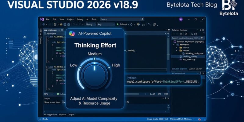 Visual Studio 2026 v18.9 IDE interface showing Copilot thinking effort dial with Low, Medium, and High settings