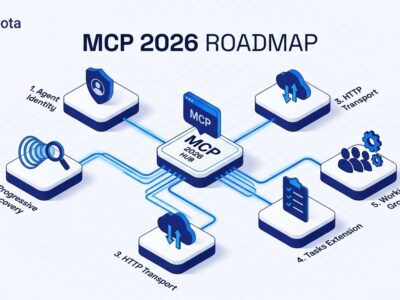 MCP 2026 roadmap diagram showing five priority areas for Model Context Protocol evolution including agent identity and progressive discovery