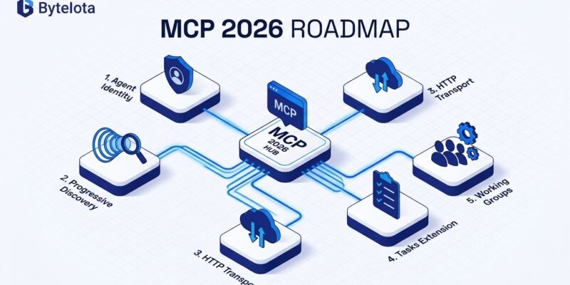 MCP 2026 roadmap diagram showing five priority areas for Model Context Protocol evolution including agent identity and progressive discovery